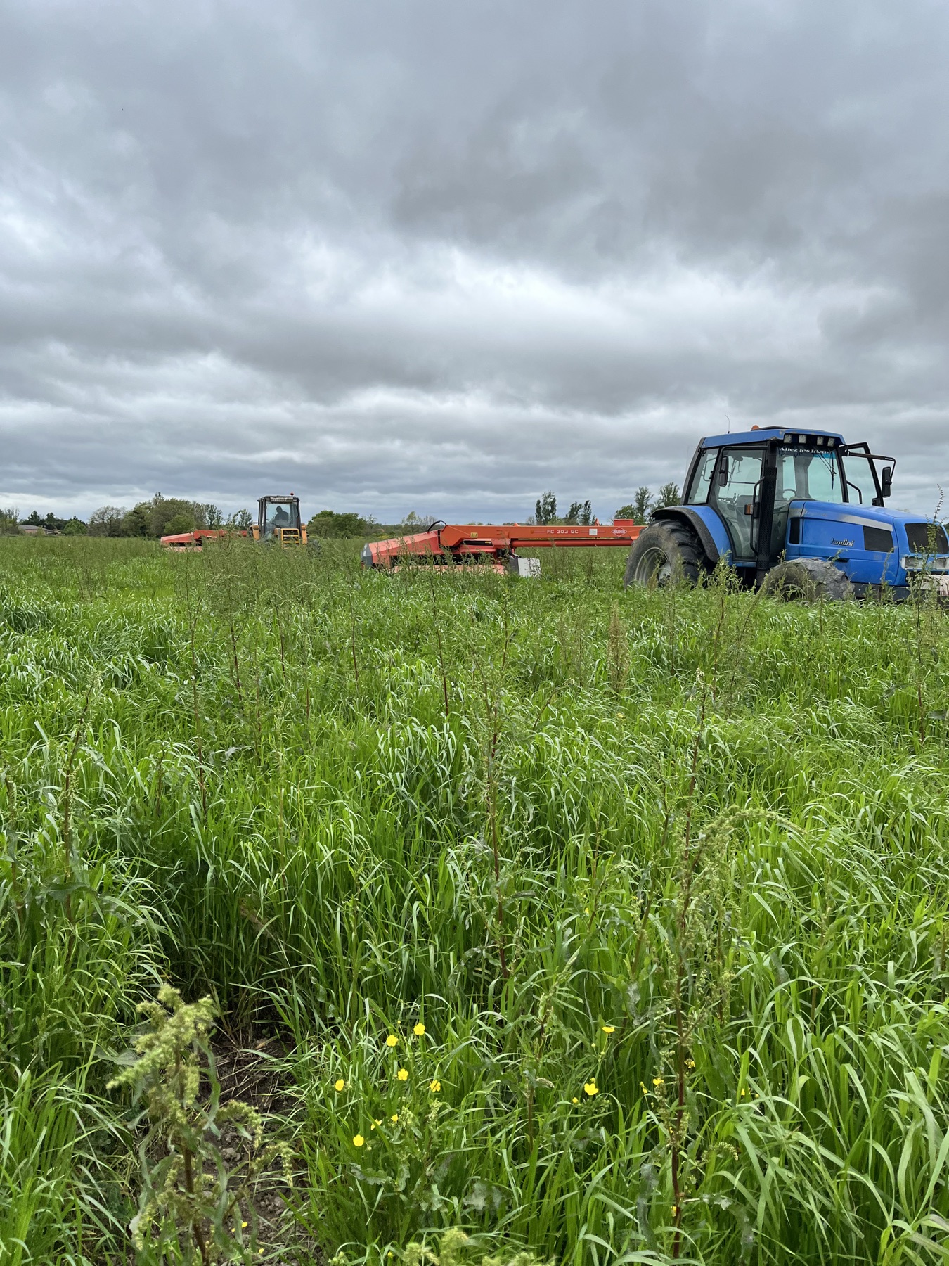 Deux tracteurs et leurs faucheuses dans une parcelle d’herbe