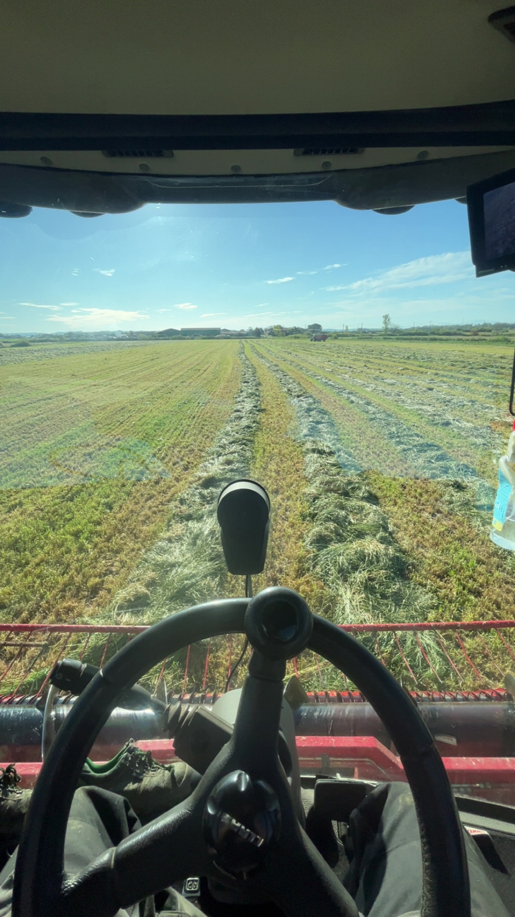 Récolte du fourrage vue depuis la cabine d’une machine agricole